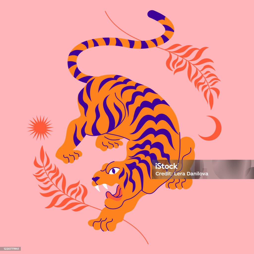 Сard with chinese tiger in boho asian style. Beautiful animal print design. For fabric, wall art, interior design, social media post, packaging. Floral branch, crescent moon, star, magic. Vector illustrator Tiger stock vector