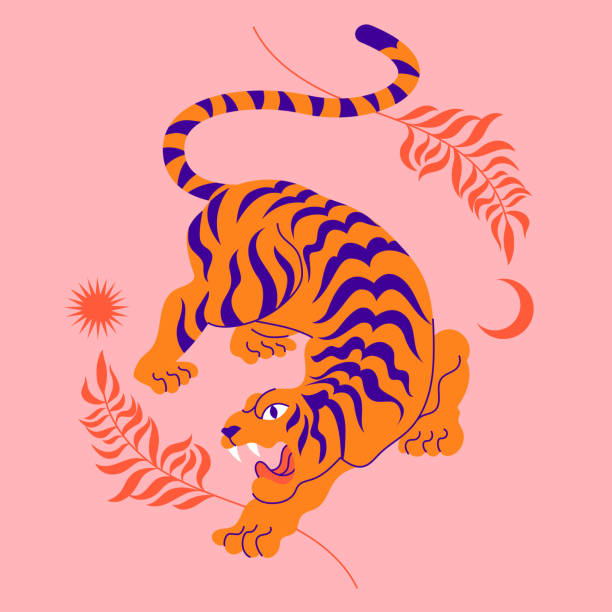 Сard with chinese tiger in boho asian style. Beautiful animal print design. For fabric, wall art, interior design, social media post, packaging. Floral branch, crescent moon, star, magic. Vector illustrator tiger stock illustrations