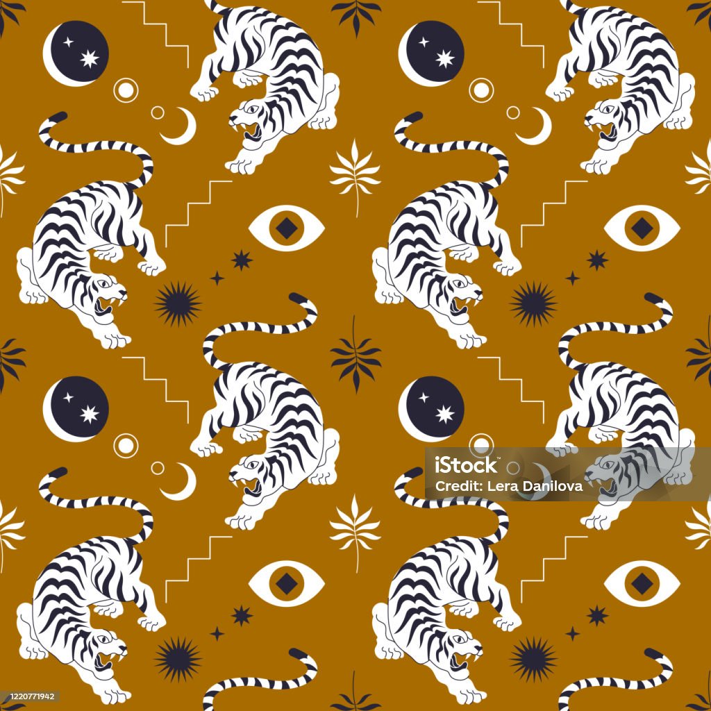 Seamless Pattern With Chinese Tiger In Boho Asian Style Beautiful Animal  Print Design For Fabric Wall Art Interior Packaging Floral Branch Crescent  Moon Star Eye Magic Mystery Concept Stock Illustration - Download