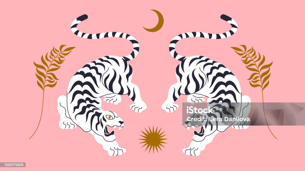 Card With Chinese Tigers In Boho Asian Style Beautiful Animal Print Design  For Fabric Wall Art Interior Design Social Media Post Packaging Floral  Branch Crescent Moon Star Magic Stock Illustration - Download