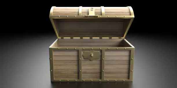 Treasure chest isolated against black background. Old wooden trunk empty with open lid. 3d illustration