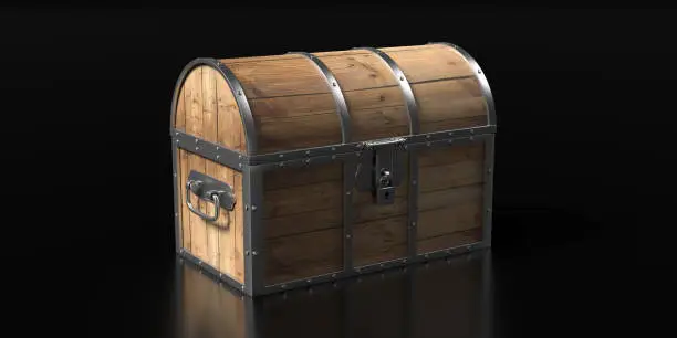 Treasure chest isolated against black background. Old wooden trunk with closed lid. Vintage box, locked and secured. 3d illustration