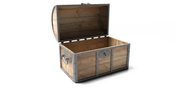 Treasure chest isolated against white background. Old wooden trunk empty with open lid. 3d illustration