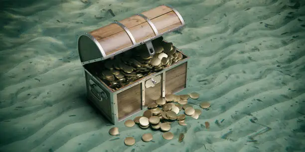 Treasure chest with gold underwater on the seabed. Old wooden trunk with open lid full of golden coins. 3d illustration