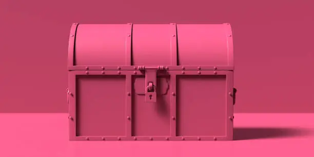 Treasure chest monochrome, pink color against pink background. Old wooden trunk with closed lid. Vintage box, locked and secured. 3d illustration