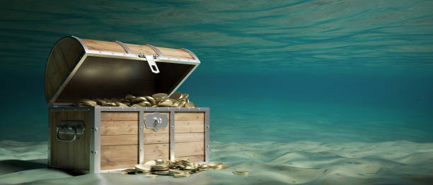 treasure chest filled with golden coins, underwater sea background. 3d illustration - trunk luggage old fashioned retro revival imagens e fotografias de stock