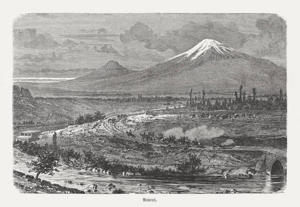 ilustraciones, imágenes clip art, dibujos animados e iconos de stock de monte ararat, turquía, grabado en madera, publicado en 1893 - dormant volcano illustrations
