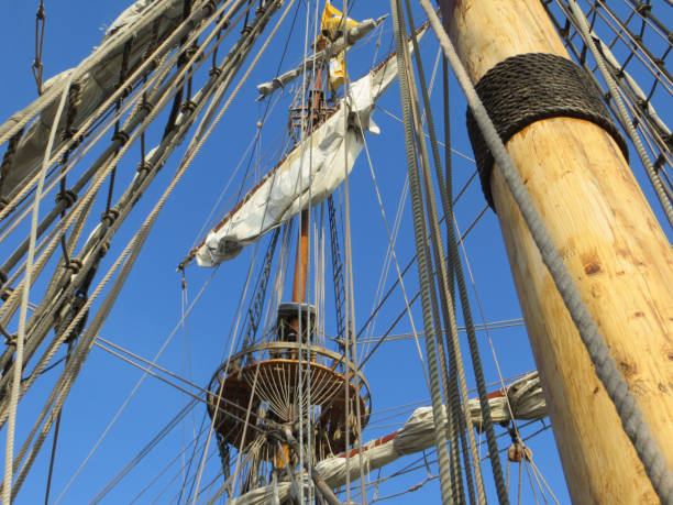 istock Wooden masts and crows nest against blue sky 1220778721