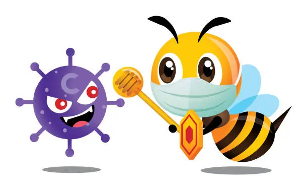 Vector illustration of Cute bee wearing surgical mask to protect against coronavirus. Cute bee holding shield and honey dipper to fight with coronavirus, covid-19 - Vector character