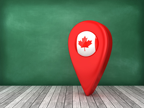 GPS Marker with CANADIAN Flag on Chalkboard - 3D Rendering