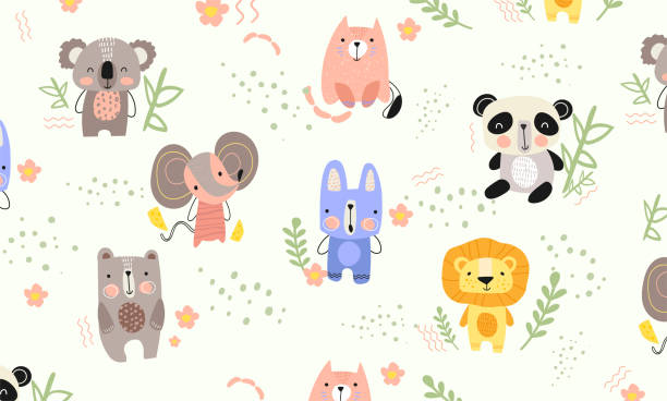 ilustraciones, imágenes clip art, dibujos animados e iconos de stock de patrón de fondo de pequeños animales lindos - animal backgrounds ilustraciones