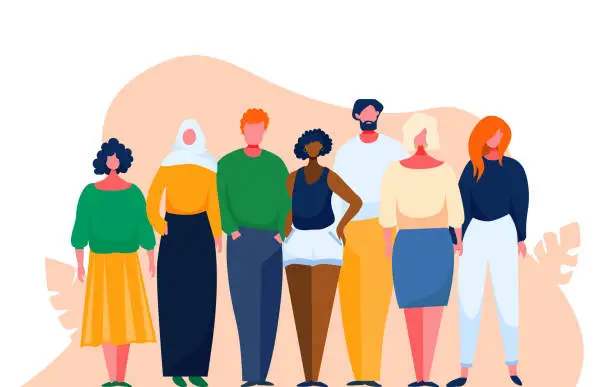 Vector illustration of Diverse multinational group of people. Multicultural and multiethnic crowd. Vector illustration with cartoon characters. Man and woman of different nations stay together as a team.