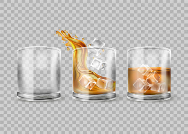 ilustrações de stock, clip art, desenhos animados e ícones de vector set of whiskey glass isolated on transparent background. whisky with ice. glasses with alcohol drink, realistic illustration for bar or restaurant. 3d mockup. - whisky ice cube glass alcohol
