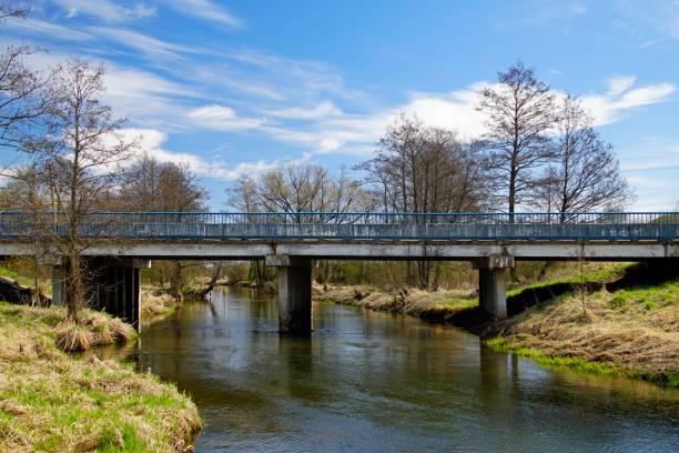 istock Landscape. Spring. Bright sky in april. Trees and shrubs and first leaves. Sunlight and day. Bridge over a small river. 1220783315