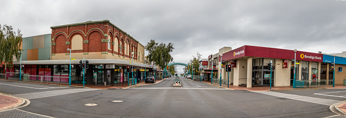 Margaret River, Australia - September 9, 2023: City streets and buildings at sunset.