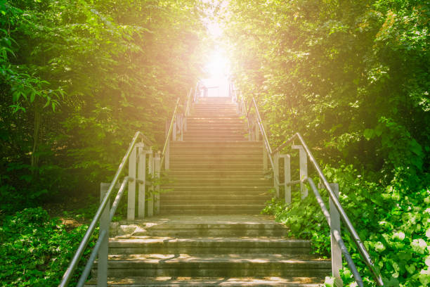 Upward stairs ascending to the brightness of sunlight Upward concrete stairs ascending to the brightness of sunlight light at the end of the tunnel photos stock pictures, royalty-free photos & images