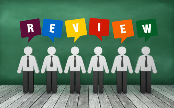 istock Pictogram People with REVIEW Bubble Speech on Chalkboard - 3D Rendering 1220787025