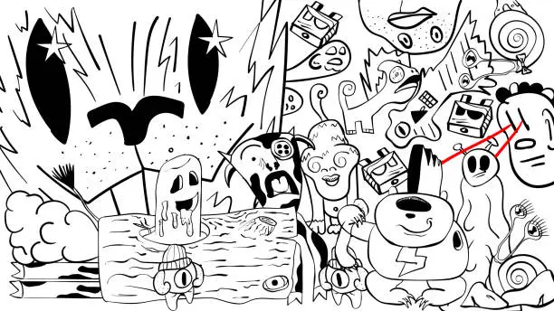 Vector illustration of Hand-drawn cartoon abstract black and white illustration of doodle characters.