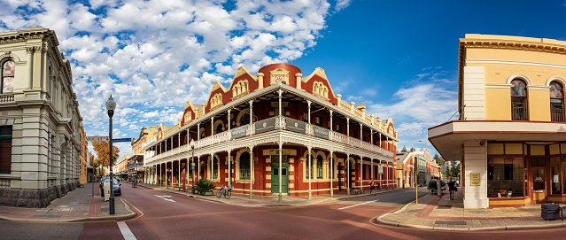 Fremantle, Australia - March 13, 2020: Panoramic view of the old buildings at Hight St and Mouat St in Fremantle, Western Australia.