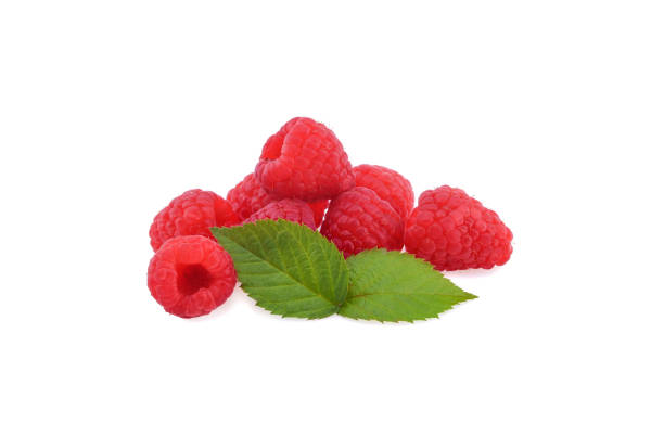 istock ripe raspberries with green leaf isolated on white background 1220787995