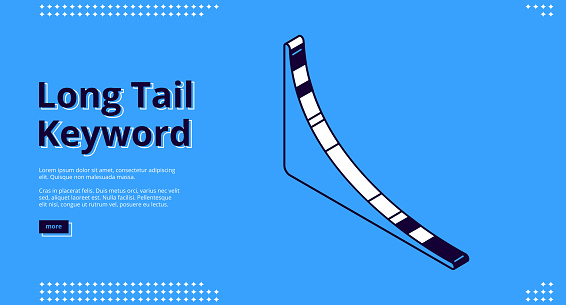 Long tail keyword banner with isometric chart on blue background. Vector landing page of SEO optimization service with line art illustration of analytics graph