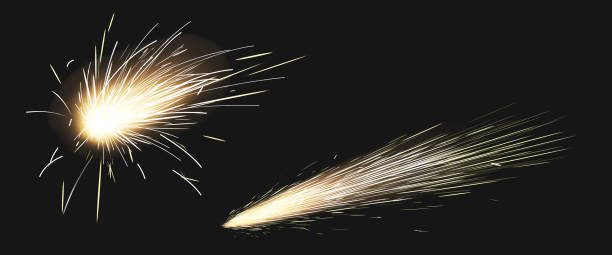 Realistic sparks of weld metal blade, firework Realistic sparks of weld metal blade, firework petard flare, comet trail. Bright glowing sparkling light of electric circular saw, flying asteroid isolated on black background, 3d vector clip art clip art of a meteoroids stock illustrations