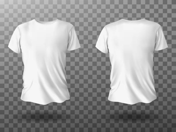 White t-shirt mockup, t shirt with short sleeves White t-shirt mockup, male t shirt with short sleeves vector template front back view. Blank apparel design for men, sportswear, casual clothing isolated on transparent background realistic 3d mock up t shirt stock illustrations