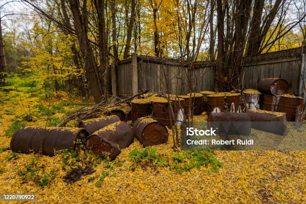 A Pile Of Rusty Old Oil Barrels Lying Around Between Yellow Autumn Leaves In The Military Duga Radar Base Near Pripyat Chernobyl Exclusion Zone Stock Photo - Download Image Now