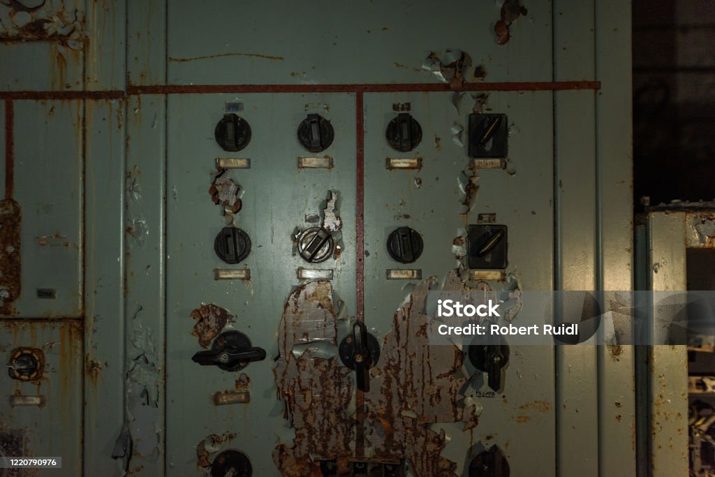Electric circuit switching board from the 1980s in the military DUGA radar base near Pripyat, Chernobyl Exclusion Zone 1980-1989 Stock Photo