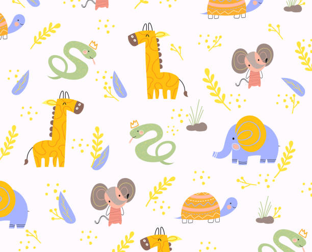 Colorful background pattern of animals Colorful background pattern of animals scattered over a white background with giraffe, elephant, mouse, tortoise and snake in a vector illustration baby mice stock illustrations