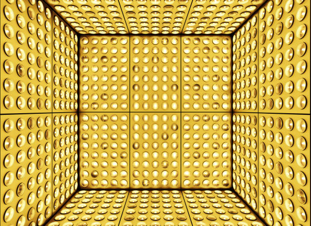 Stage lights, light panels, a lot of light bulbs on a gold background. Lighting for modern shows on stage. 3d illustration