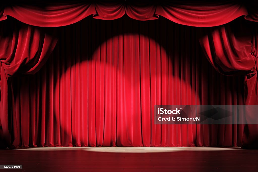 Theater stage with red velvet curtains and spotlights. Theater stage with red velvet curtains and spotlights. 3d illustration Stage - Performance Space Stock Photo