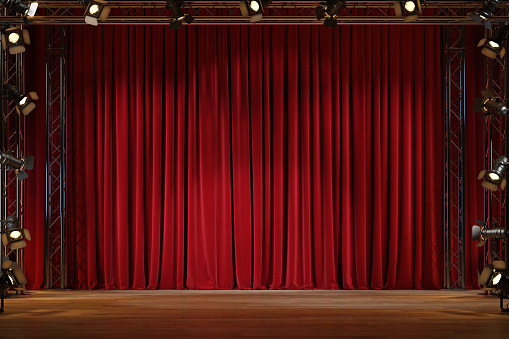 Theater stage with red velvet curtains and spotlights. 3d illustration