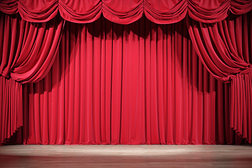 Theater stage with red velvet curtains. 3d illustration