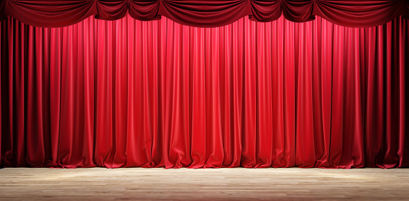 Empty theater stage with red velvet curtains. 3d illustration