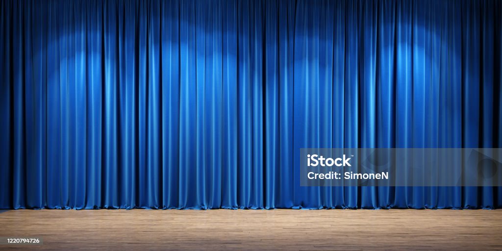 Empty theater stage with blue velvet curtains. Empty theater stage with blue velvet curtains. 3d illustration Curtain Stock Photo