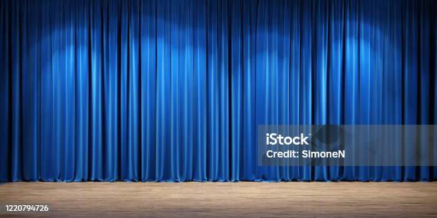 Empty Theater Stage With Blue Velvet Curtains Stock Photo - Download Image Now - Curtain, Stage - Performance Space, Backgrounds