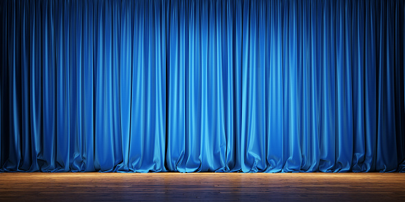 Empty theater stage with blue velvet curtains. 3d illustration