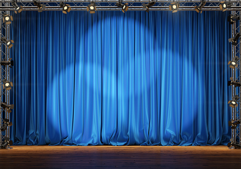 Empty theater stage with blue velvet curtains and spotlights. 3d illustration