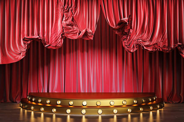 palco de teatro com cena decorativa dourada. cortinas de palco de veludo vermelho em movimento. - curtain velvet red stage - fotografias e filmes do acervo