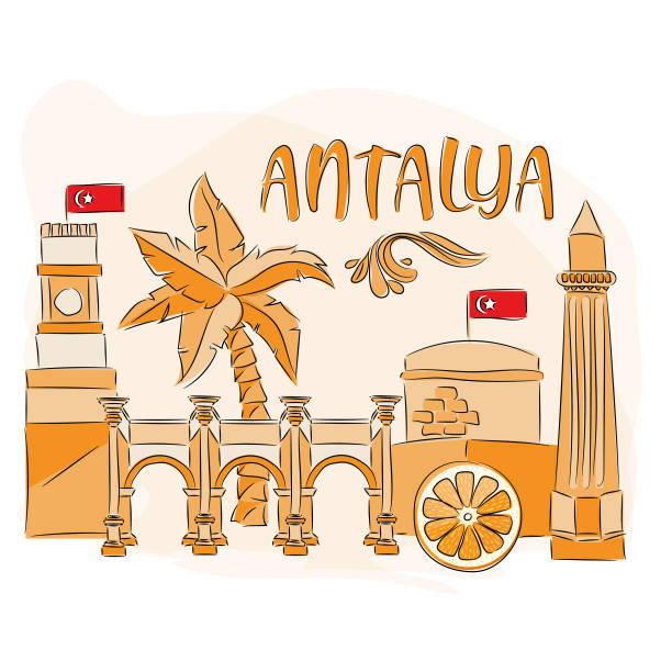 Antalya city sightseeing icons set in orange colour in brush strokes Antalya touristic place icon set in orange colour with Antalya text fruit of islam stock illustrations