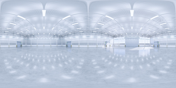 3d rendering of panorama of empty hangar and concrete floor and shutter door, clean and new condition.