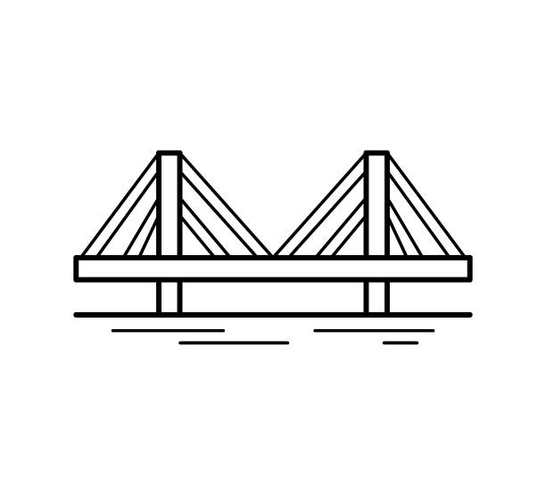 ilustrações de stock, clip art, desenhos animados e ícones de cable-stayed bridge line icon isolated on white background. urban architecture. vector illustration. - cable stayed bridge illustrations