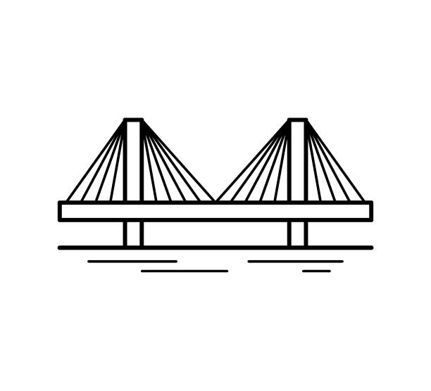 ilustrações de stock, clip art, desenhos animados e ícones de cable-stayed bridge line icon isolated on white background. urban architecture. vector illustration. - cable stayed bridge illustrations