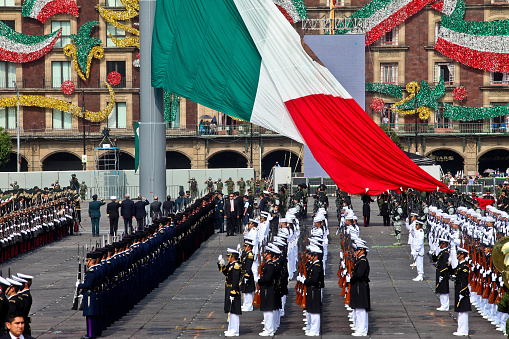 Mexico City, Mexico, September 16 -- A view of the Mexican Monumental Flag during the parade of the Mexican armed forces in the Zocalo (Central Square) on the occasion of the Independence Day solemnly celebrated across the country.