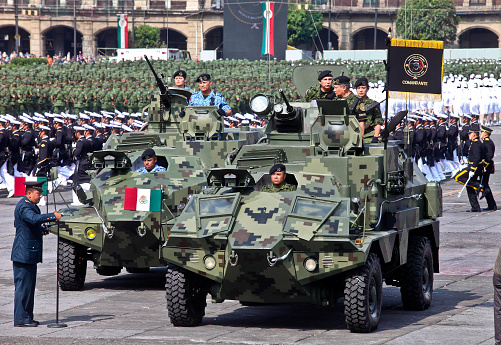 Mexico City, Mexico, September 16 -- A view of the parade of the Mexican armed forces in the Zocalo (Central Square) and some main streets of the historic center of Mexico City on the occasion of the Independence Day solemnly celebrated across the country.