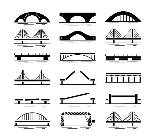 Vector illustration of Set of bridge black silhouette icons isolated on white background. Different types of bridges. Various constructions of bridges. Vector illustration.