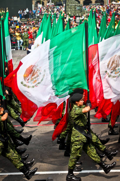 dozens of mexican flags in the militar parade for the independence day in mexico city - tank musician imagens e fotografias de stock