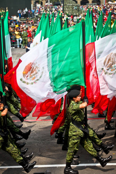 десятки мексиканских флагов на военном параде в честь дня независимости в мехико - tank musician стоковые фото и изображения