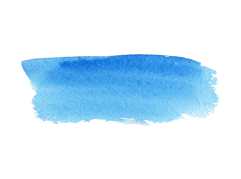 Blue abstract strip banner of watercolor background, wet paint smear. Hand drawn template